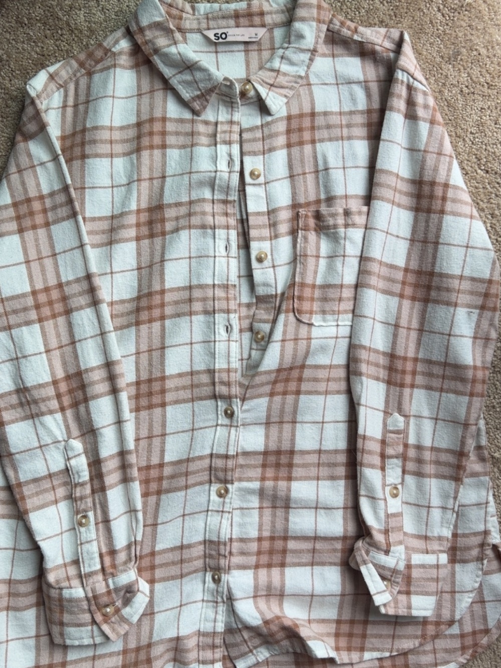 SO Mens Cream and Brown Plaid Button-Down Shirt